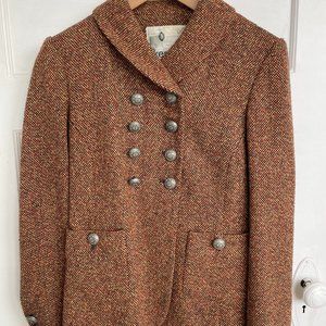 Y2K Kenzie Boucle Tweed Jacket w/ Pockets (Double-Breasted Roll Collar Brown)